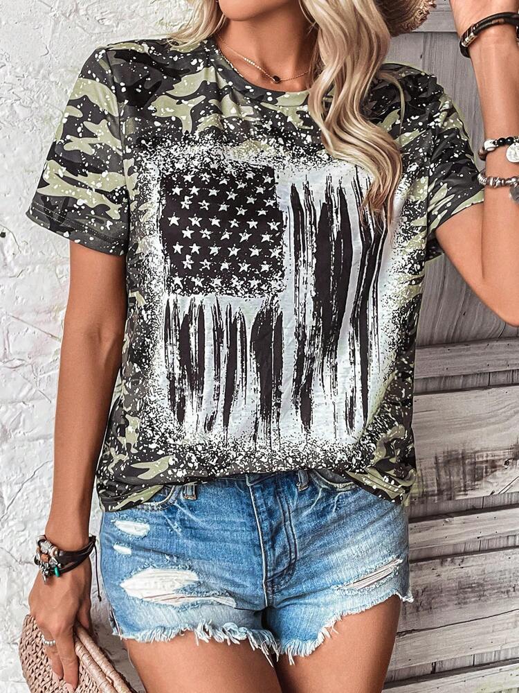 Flag Print T-shirt Crew Neck Casual - Chic Angle